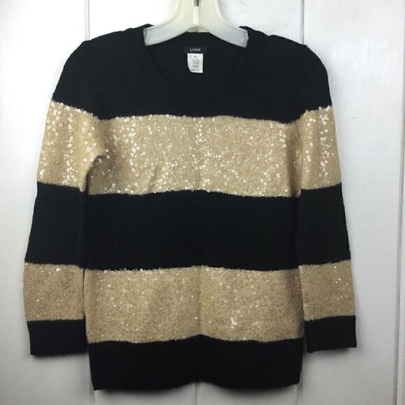 J. Crew Sequin Sweater, Black Gold Stripe Sequin Crew Sweater XS - Picture 2 of 9